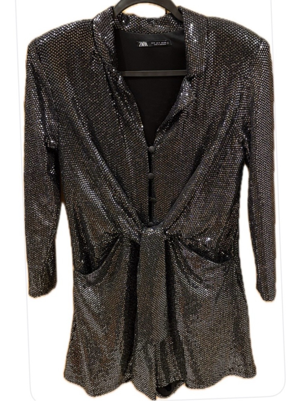 Zara NWOT Black  Button Front Metallic Knot-Front Short Party Romper S